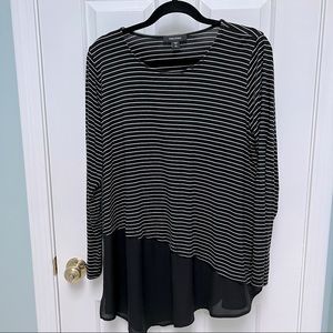 Karen Kane striped top with chiffon peplum.